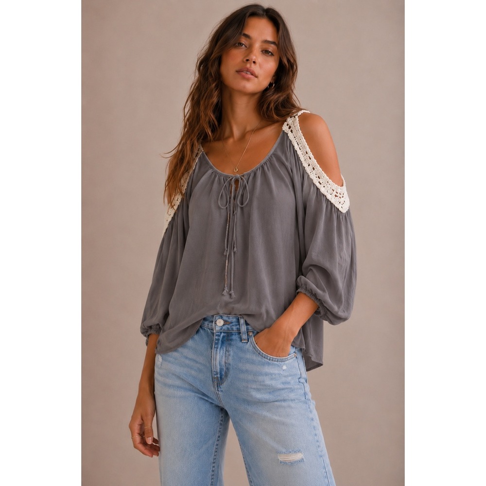 American Dream Womens Grey Cold Shoulder Crochet Trim Blouse Top Large S#27472